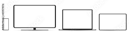 Device screen mockup. Smartphone, tablet, laptop and monoblock monitor, with blank screen for you design. PNG. 