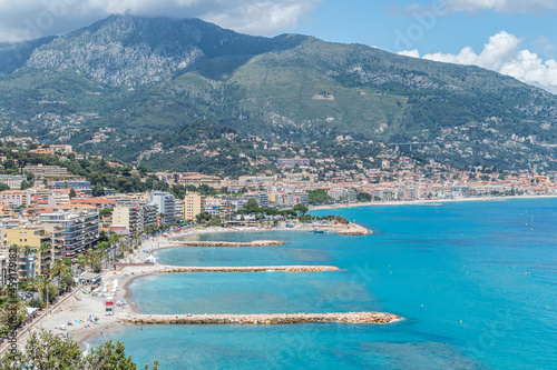 Aerial view of Menton with beautiful blue and green sea