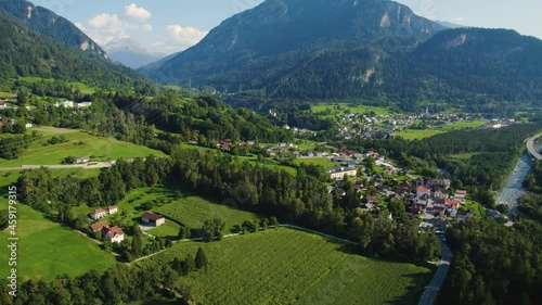 Aerial view around the village Scharans in Switzerland on a sunny day in summer. photo