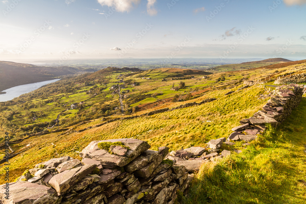North Wales view from slate quarry,  hills and lakes in distance, landscape, wide angle.