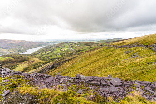 North Wales view from slate quarry   hills and lakes in distance  landscape.