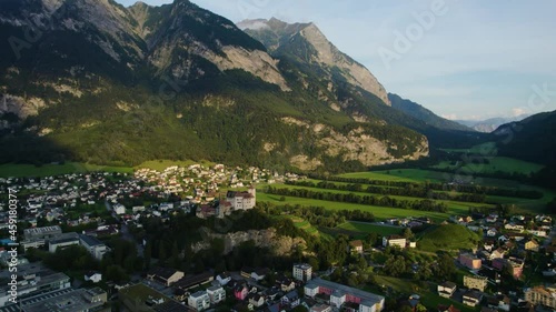 Aerial view around the city Balzers in Lichtenstein on a sunny afternoon in summer. photo