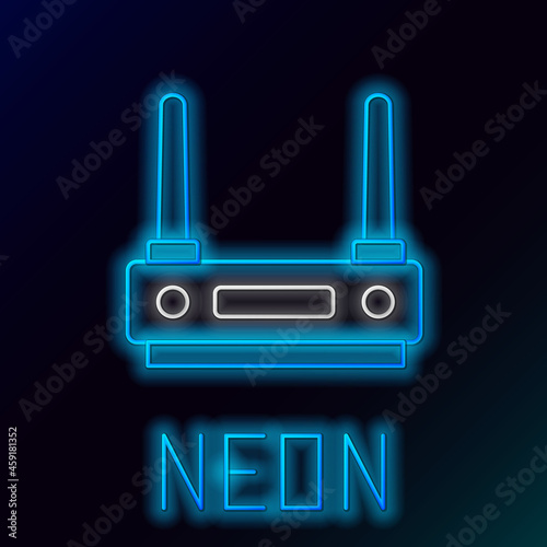 Glowing neon line Router and wi-fi signal icon isolated on black background. Wireless ethernet modem router. Computer technology internet. Colorful outline concept. Vector