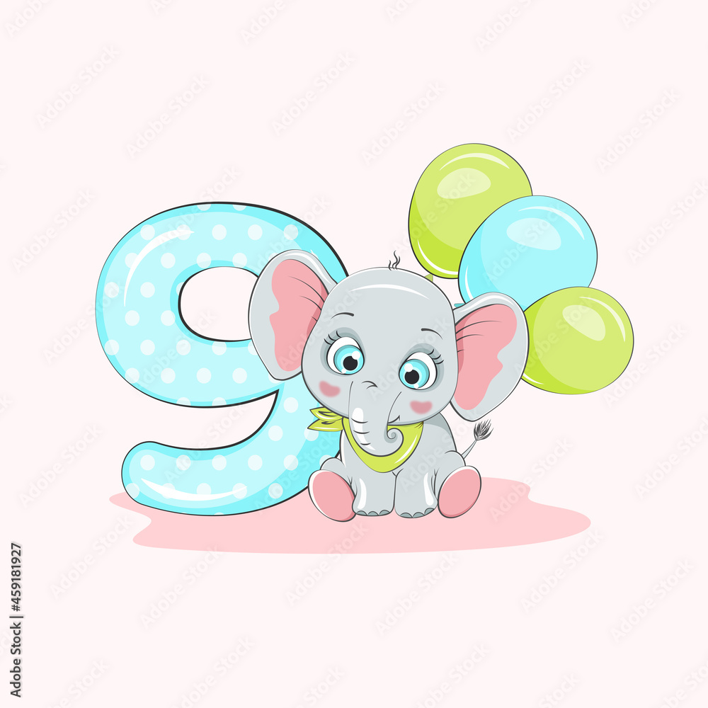 Cute baby elephant with number nine and balloons for ninth month or ninth year. Vector character. Beautiful cartoon element for kids birthday invitations, greeting cards 