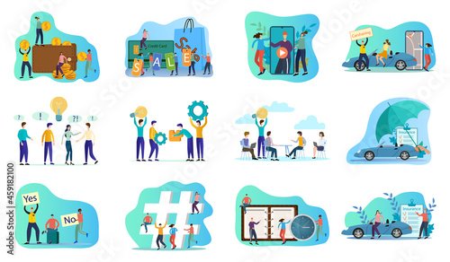 Auto insurance,GPS navigation, search for ideas,time management, cash flows, sale.A set of flat icons vector illustrations on the topic of business and technology.