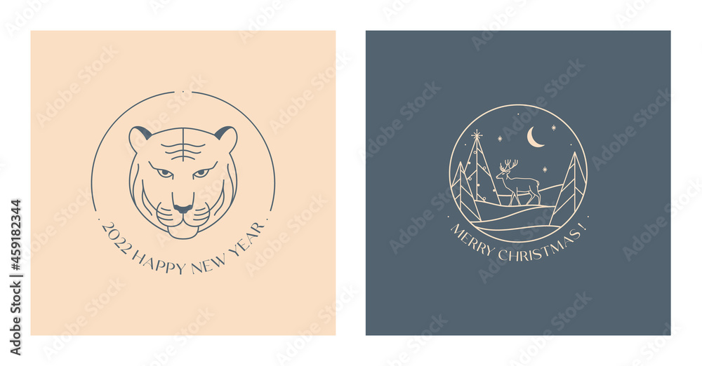 Festive xmas linear emblems with winter forest landscape, deer and tiger.Vector Christmas and New Year festive logos with traditional winter holiday symbols.Holiday celebration concept.
