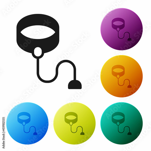 Black Retractable cord leash with carabiner icon isolated on white background. Pet dog lead. Animal accessory for outdoors walk. Set icons in color circle buttons. Vector