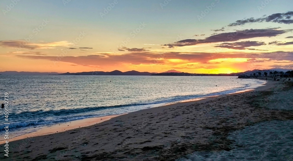 View of the Kalamaki Beach in Athens in the evening. Beautiful sky. Greece. Europe	