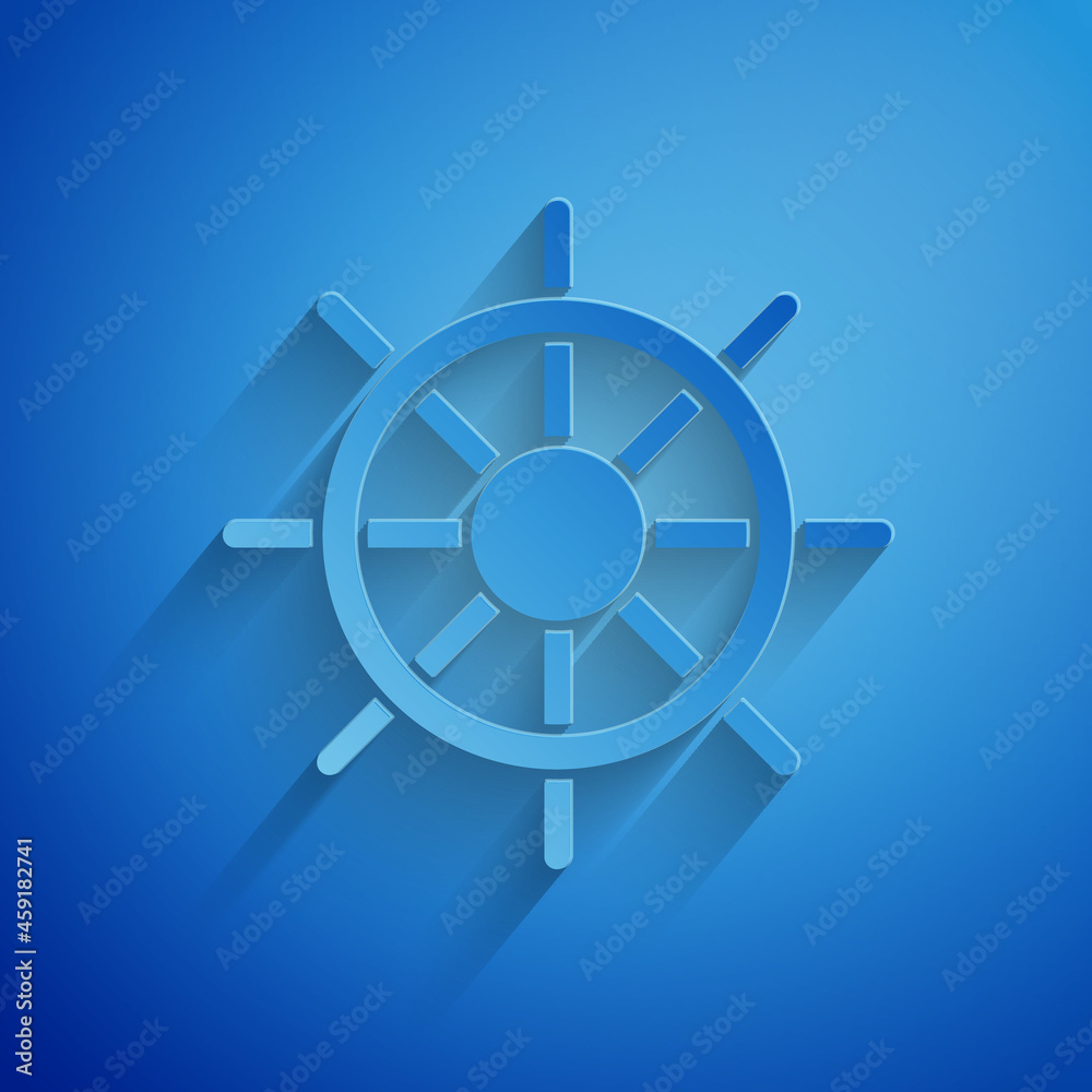 Obraz premium Paper cut Ship steering wheel icon isolated on blue background. Paper art style. Vector