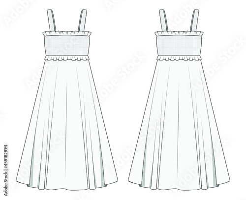 Women Smocked Strappy Flared Dress Front and Back View. fashion illustration vector, CAD, technical drawing, flat drawing.