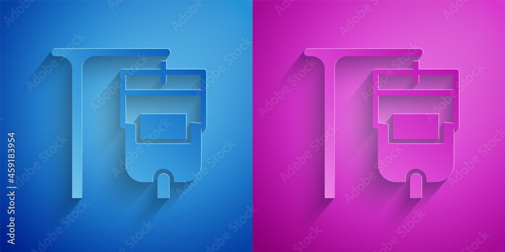Paper cut IV bag icon isolated on blue and purple background. Blood bag. Donate blood concept. The concept of treatment and therapy, chemotherapy. Paper art style. Vector Paper cut IV bag icon isolated on blue and purple background. Blood bag. Donate blood concept. The concept of treatment and therapy, chemotherapy. Paper art style. Vector