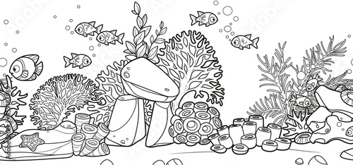 Horizontal seamless background from seabed and its inhabitants anemones, fishes and coral on stones  linear drawing for coloring page