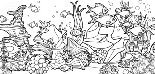 Horizontal seamless background from seabed and its inhabitants anemones, seaweed, fishes and coral on stones  linear drawing for coloring page