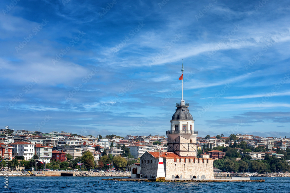 The Maiden Tower in Istanbul, Turkey on a clear day, with Bosphorus Bridge in background. The Maiden Tower in Istanbul, Turkey on a clear day, with Bosphorus Bridge in background.