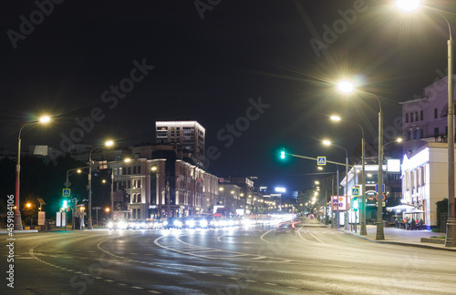 Moscow, Russia, Aug 25, 2021: Beginning of Bolshaya Yakimanka street. Night. Traffic lights.