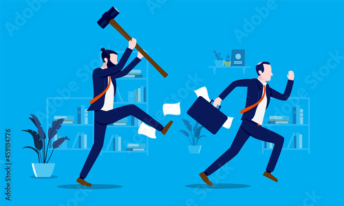 Print op canvas Angry businessman chasing man with a sledge hammer