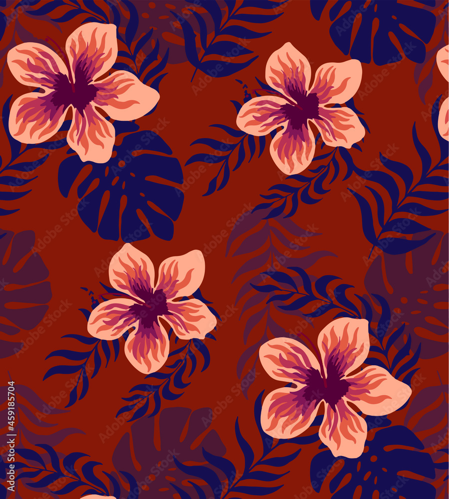 Tropical hibiscus flower design pattern, tropical vector pattern.
