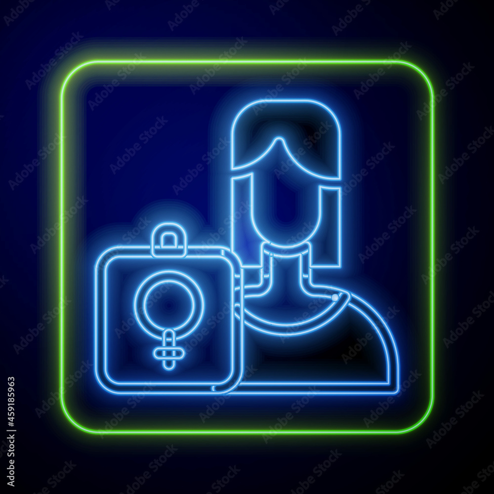 Fototapeta premium Glowing neon Female movement, feminist activist with banner and placards icon isolated on blue background. Feminist rights movement, feminism sisterhood. Vector