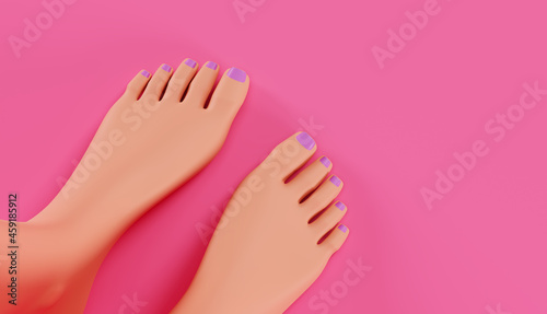 Female feet  top view. Women s legs with a pedicure  on a pink background  a concept of foot care  3d render.