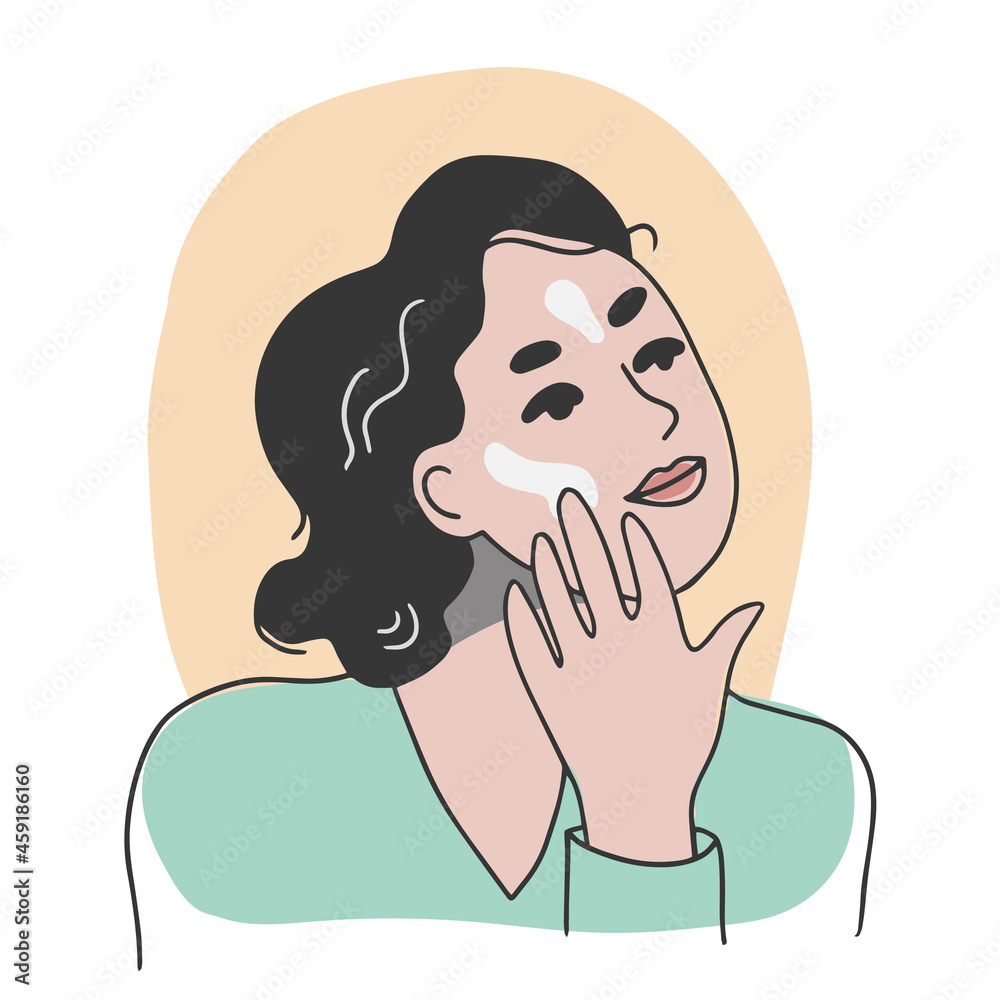 Woman applying cream to her face. Female character during skincare routine. Hand drawn vector illustration Woman applying cream to her face. Female character during skincare routine. Hand drawn vector illustration