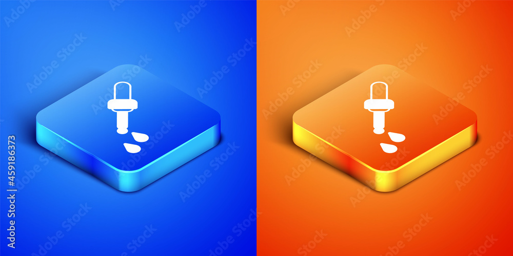 Isometric Pipette icon isolated on blue and orange background. Element of medical, chemistry lab equipment. Medicine symbol. Square button. Vector Isometric Pipette icon isolated on blue and orange background. Element of medical, chemistry lab equipment. Medicine symbol. Square button. Vector