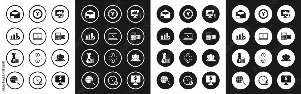 Set Financial chart or graph on the computer monitor and mobile phone, schedule, chart, diagram, infographic, pie, Envelope, Calculator, Coin money Yen, Users group and bag icon. Vector Set Financial chart or graph on the computer monitor and mobile phone, schedule, chart, diagram, infographic, pie, Envelope, Calculator, Coin money Yen, Users group and bag icon. Vector
