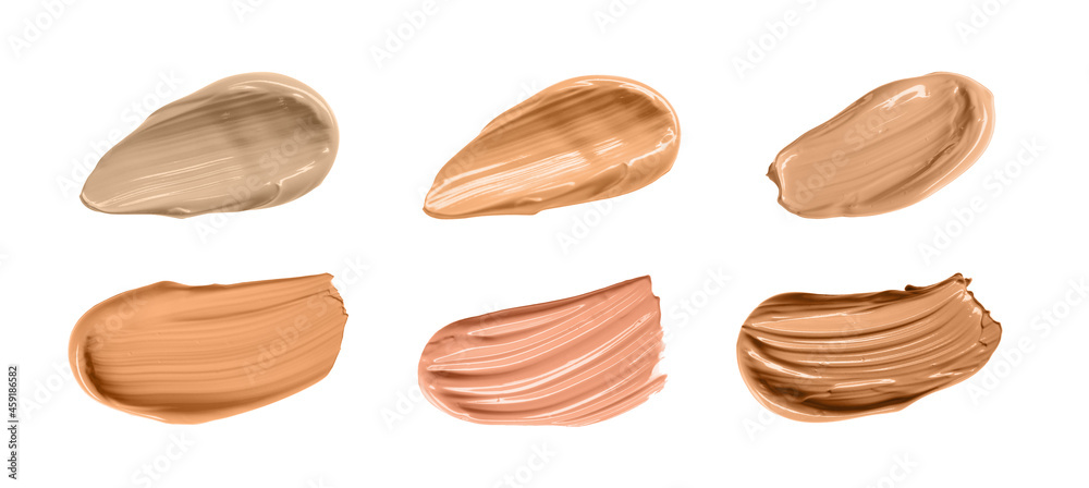 Set with different shades of liquid skin foundation on white background, top view. Banner design Set with different shades of liquid skin foundation on white background, top view. Banner design