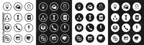 Set Lock, Old hourglass with flowing sand, Project team base, Reward for good work, Address book, Envelope, Push pin and Computer monitor pound sterling symbol icon. Vector