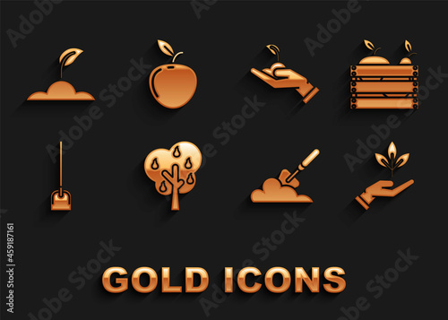 Set Tree with pears, Wooden box for fruits and vegetables, Plant in hand of environmental protection, Garden trowel spade shovel the ground, Shovel, Sprout, and Apple icon. Vector