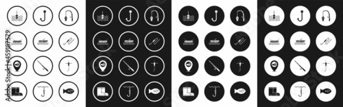 Set Fishing rod and fish, boat with oars on water, fishing, float, line hook, and Location icon. Vector