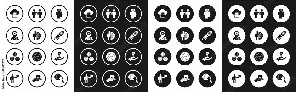 Set Project team base, Globe and people, Location job, Ladder leading to cloud, Rocket ship with fire, Light bulb hand and icon. Vector