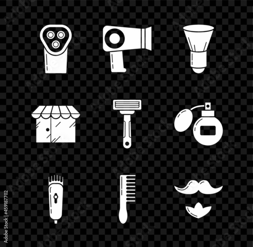 Set Electrical hair clipper or shaver, Hair dryer, Shaving brush, Hairbrush, Mustache and beard, Barbershop building and razor icon. Vector