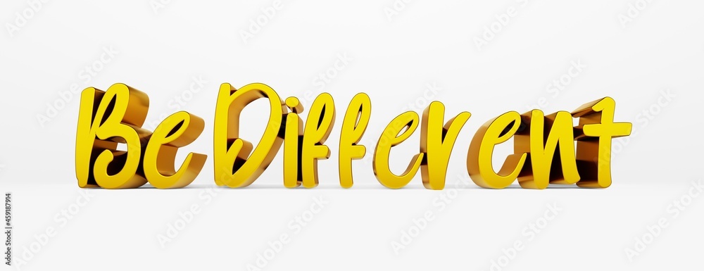Be different. A calligraphic phrase and a motivational slogan. Gold 3d logo in the style of hand calligraphy on a white uniform background with shadows. 3d rendering.