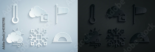 Set Snowflake, Cone meteorology windsock wind vane, Windy weather, Rainbow with clouds, Celsius and and Thermometer icon. Vector