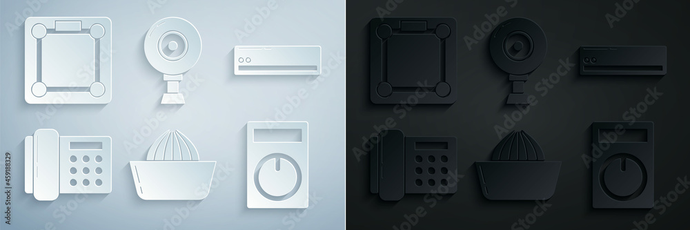 Set Citrus fruit juicer, Air conditioner, Telephone, Remote control, Web camera and Bathroom scales icon. Vector Set Citrus fruit juicer, Air conditioner, Telephone, Remote control, Web camera and Bathroom scales icon. Vector