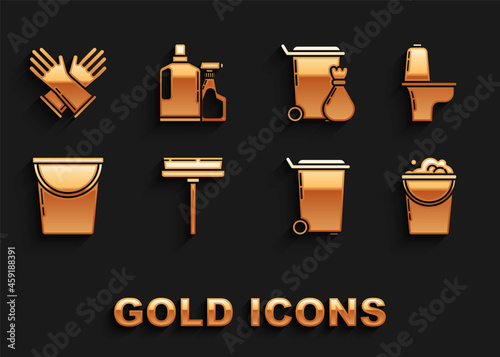 Set Squeegee, scraper, wiper, Toilet bowl, Bucket with foam and bubbles, Trash can, Rubber gloves and Plastic bottles for liquid dishwashing liquid icon. Vector
