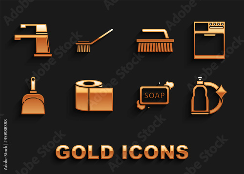 Set Toilet paper roll, Washer, Plastic bottles for liquid dishwashing liquid, Bar of soap with foam, Dustpan, Brush cleaning, Water tap and brush icon. Vector