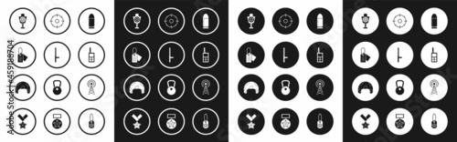 Set Bullet, Police rubber baton, Military dog tag, Human target sport for shooting, Walkie talkie, Target competition, Radar and helmet icon. Vector