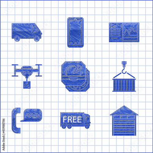 Set Pizza in cardboard box, Free delivery service, Closed warehouse, Container on crane, Telephone with speech bubble chat, Delivery drone the package, Postcard and cargo truck vehicle icon. Vector