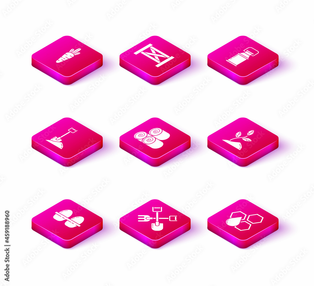 Set Chicken egg in box, Shovel and rake, the ground, Roll of hay, Honeycomb, Sprout, Can container for milk and Garden fence wooden icon. Vector Set Chicken egg in box, Shovel and rake, the ground, Roll of hay, Honeycomb, Sprout, Can container for milk and Garden fence wooden icon. Vector