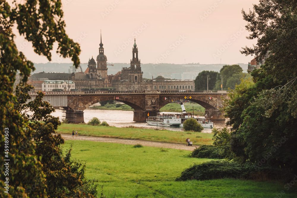 Old Dresden, bridge and Elbe. Panoramic view of the city center 