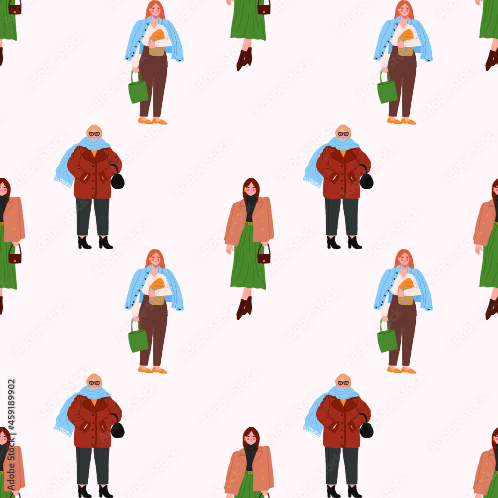 Seamless pattern with stylish women in trendy outfits. Fashionable spring or fall outfits. Street style models. Colored hand drawn vector illustration.