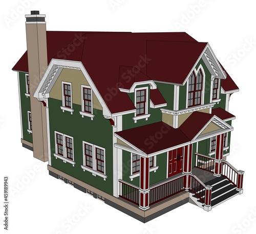 Old house in Victorian style. Illustration on white background. Species from different sides.