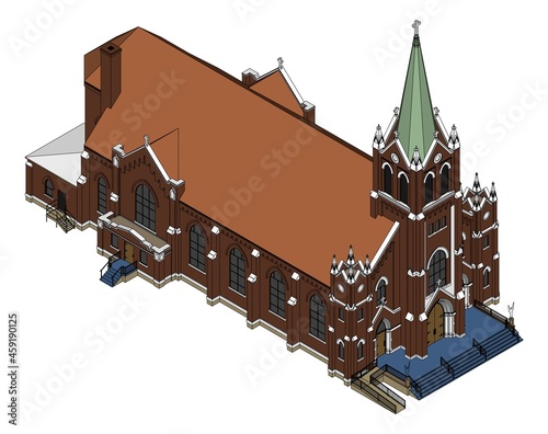 The building of the Catholic church, views from different sides. Three-dimensional illustration on a white background.