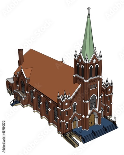 The building of the Catholic church, views from different sides. Three-dimensional illustration on a white background.