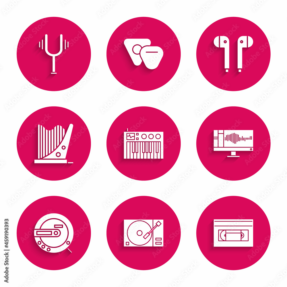 Set Music synthesizer, Vinyl player with a vinyl disk, VHS video cassette tape, Sound or audio recorder on monitor, CD, Harp, Air headphones and Musical tuning fork icon. Vector