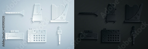 Set Drum machine, Harp, Music CD player, Microphone, Metronome with pendulum motion and Clarinet icon. Vector