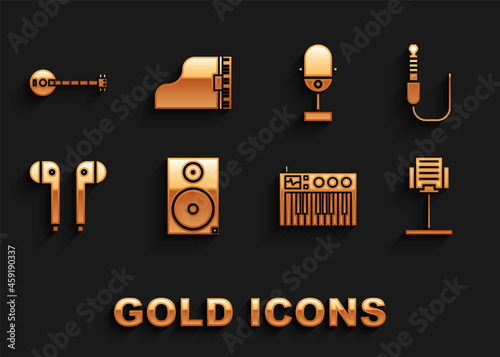 Set Stereo speaker, Audio jack, Music stand, synthesizer, Air headphones, Microphone, Banjo and Grand piano icon. Vector