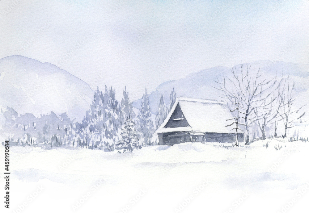 深い雪の中の茅葺の家　雪景色の水彩画