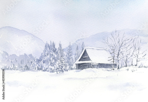 深い雪の中の茅葺の家 雪景色の水彩画